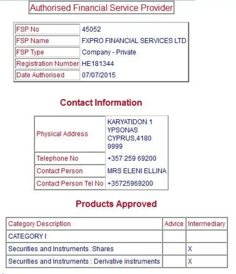 Official FxPro license information under the number 45052