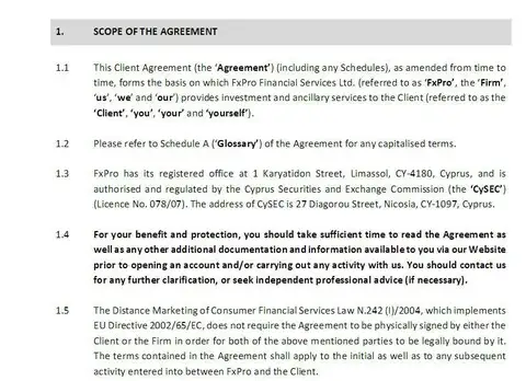 The first sheet of the customer agreement with FxPro in English