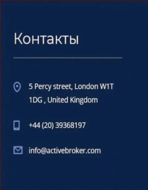 Адрес центрального офиса FOREX дилинговой компании ActiveBroker, предложенный на официальном сайте этого ФОРЕКС дилера