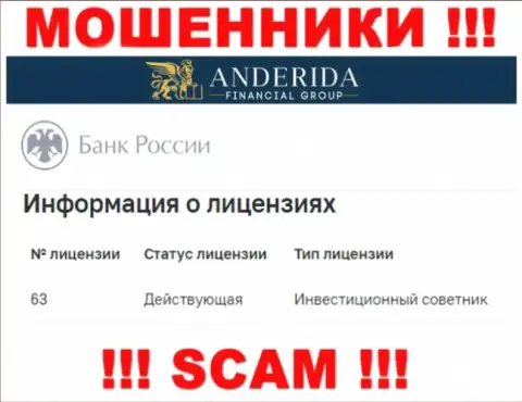 Anderida говорят, что имеют лицензию от Центрального Банка Российской Федерации (инфа с web-сайта аферистов)