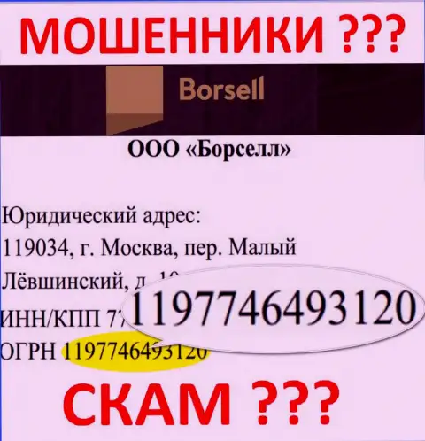 Номер регистрации незаконно действующей конторы Borsell Ru - 1197746493120