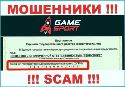 Номер регистрации компании, управляющей Game Sport Com - 1207800042450