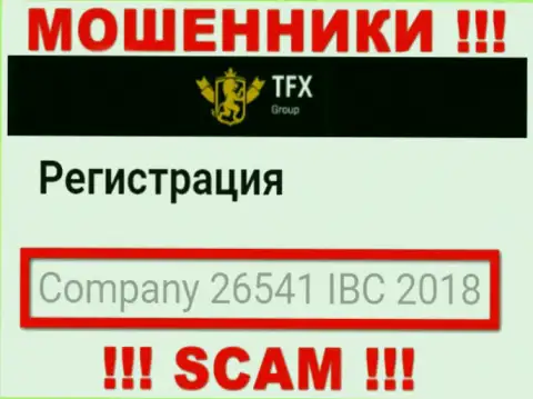 Номер регистрации, принадлежащий мошеннической конторе TFX-Group Com: 26541 IBC 2018