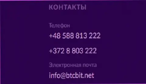 Номера телефонов и адрес электронной почты онлайн обменки BTCBit