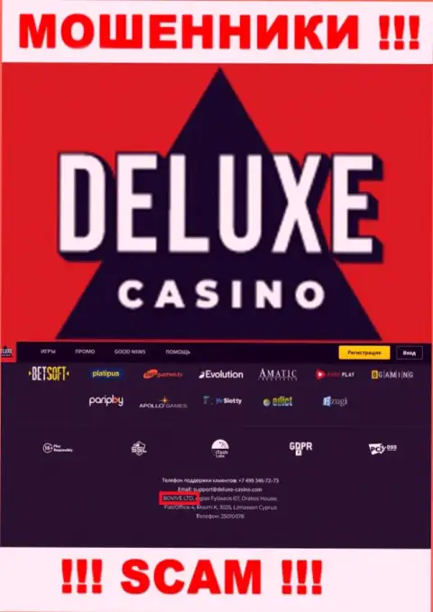 Данные об юридическом лице Deluxe Casino у них на официальном онлайн-ресурсе имеются - это BOVIVE LTD