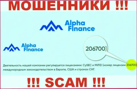 Лицензионный номер Альфа-Финанс Ио, у них на портале, не сможет помочь сохранить Ваши депозиты от кражи