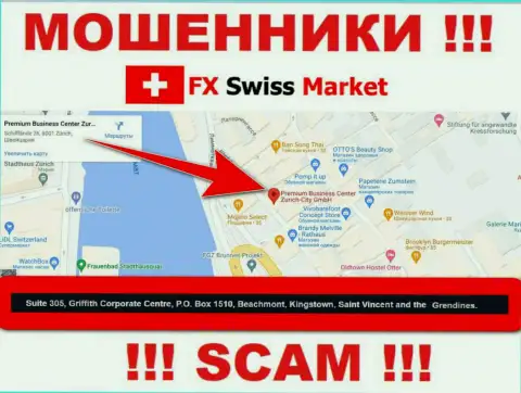 Компания FX-SwissMarket Com указывает на сайте, что расположены они в офшоре, по адресу: Люкс 305, Корпоративный Центр Гриффита, Кингстаун, Почтовый ящик 1510 Бичмонт Кингстаун, Сент-Винсент и Гренадины